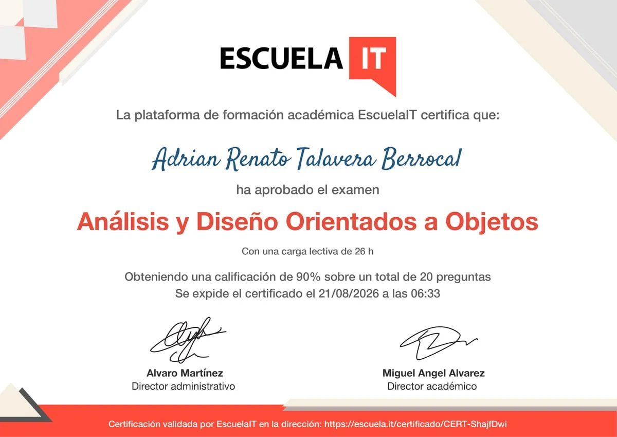 Certificado de Análisis y Diseño Orientados a Objetos expedido por EscuelaIT