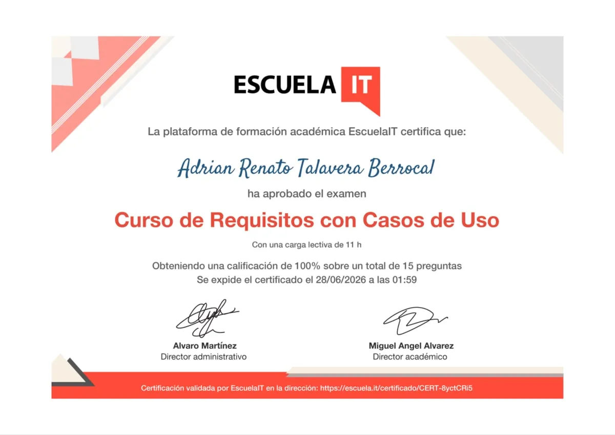 Certificado de Requisitos con Casos de Uso expedido por EscuelaIT