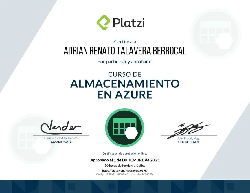 Certificado de Almacenamiento en Azure expedido por Platzi