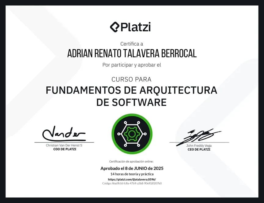 Certificado de Fundamentos de Arquitectura de Software expedido por Platzi